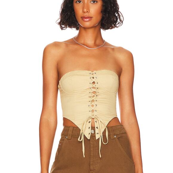 Superdown Beige Lace Up Bustier Top MEDIUM Strapless Steampunk Fairy Ashlyn NEW - Picture 1 of 8